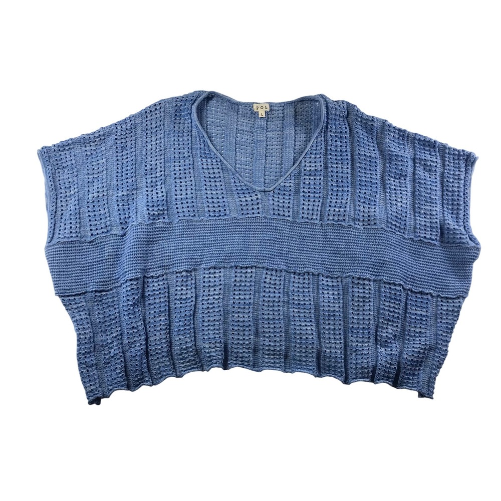 POL Womens Blue Cotton Open Knit V-Neck Oversized‎ Sweater Vest SMST496 Large